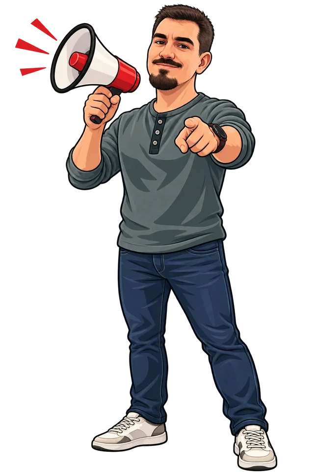Ilustración: un personaje con un megáfono que señala al lector.