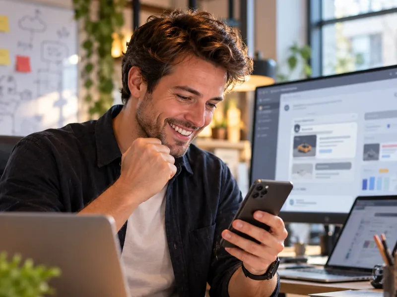 Ilustración: un hombre en su escritorio, sonriendo frente a su teléfono.
