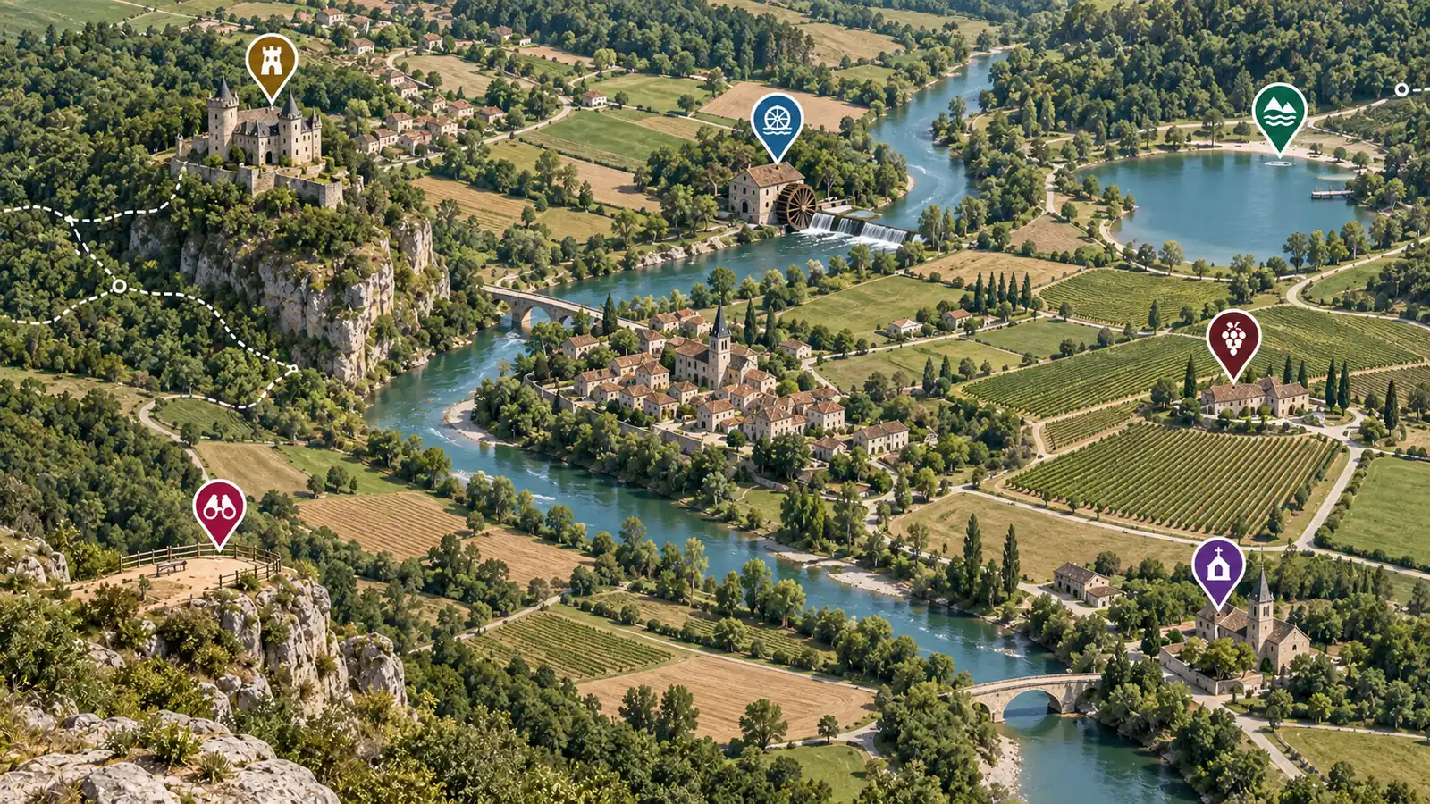 Un mapa turístico con el marcador de una casa rural, y luego el mismo mapa sin este marcador.
