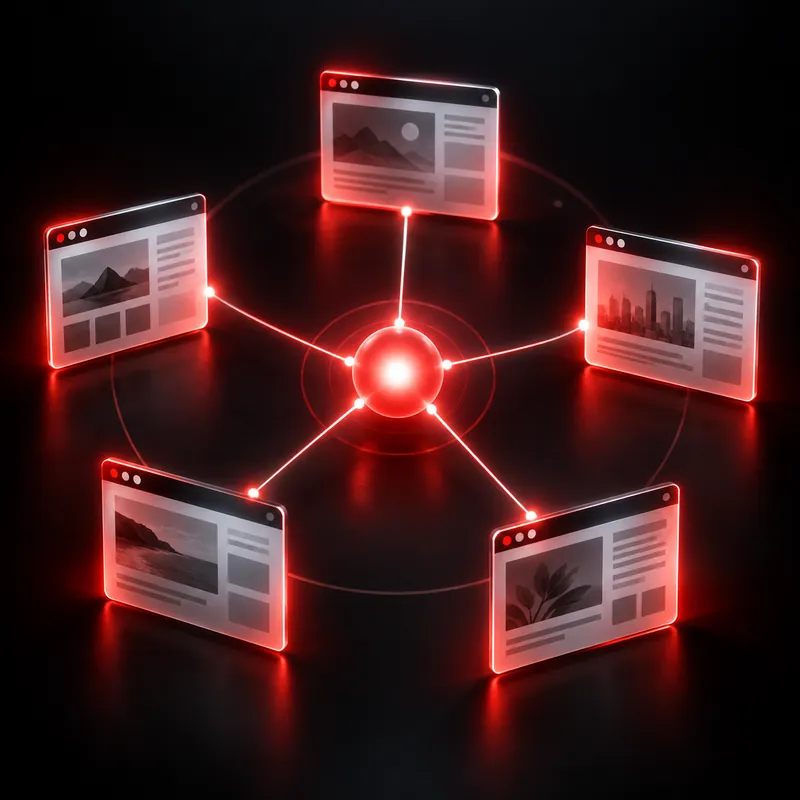 Cinco ventanas de sitios web conectadas a un punto luminoso central.