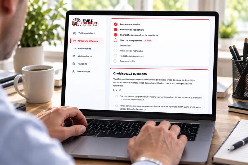 El área de cliente FaireDuBruit en un ordenador: las etapas de la difusión, luego «Elija 15 preguntas».