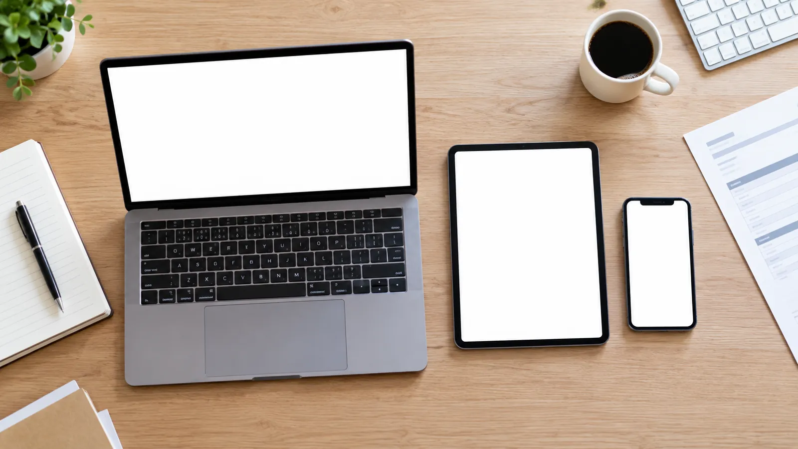 Un ordenador, una tableta y un teléfono sobre una mesa: tres artículos que responden a la pregunta de la gerente.